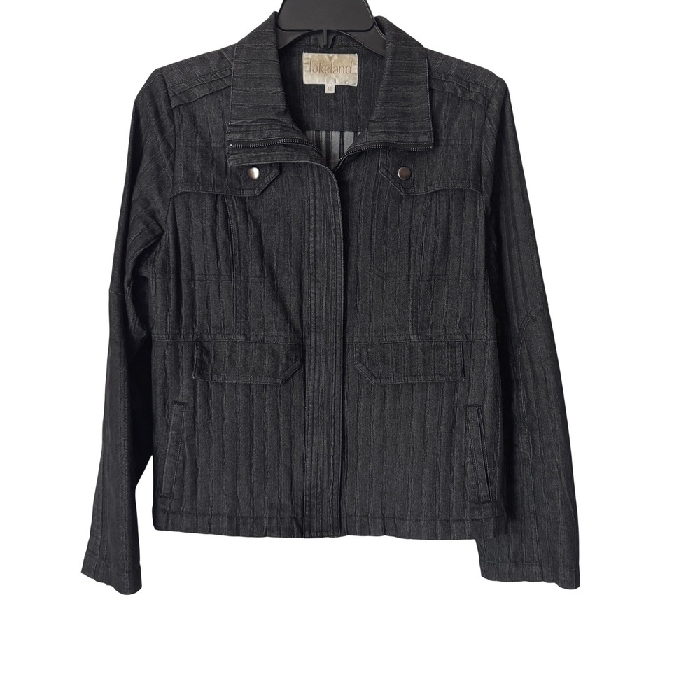 Lakeland Denim Jacket Utility Womens Medium Black Pinstripe Zip Front